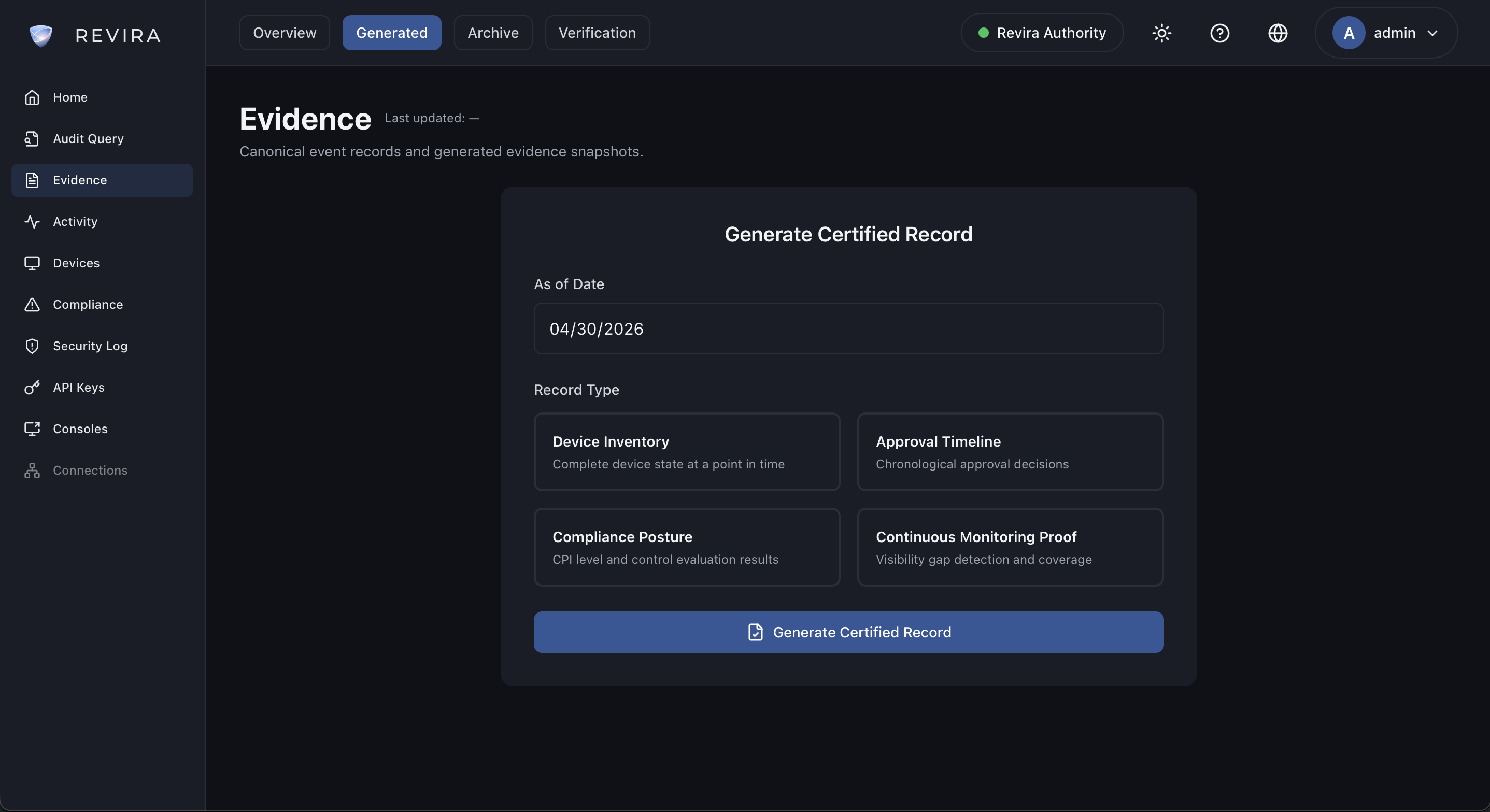 Revira Evidence — Generate Certified Record